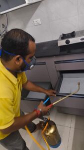 Cockroach gel treatment under modular kitchen drawer, Madhapur apartment